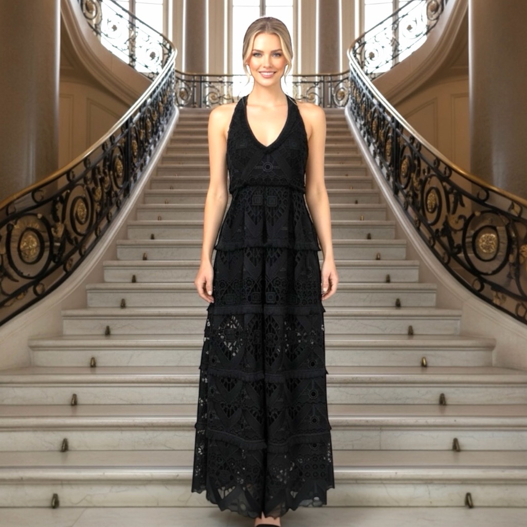 Alexis Black Cutout Eyelet Lace Tiered Maxi Dress